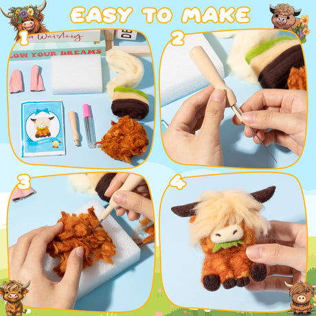 WATINC Highland Cow Needle Felting Kit - Set of 3 Different Highland Cow Doll Wool Felt Needle Felting Tools Foam Pad, DIY Home Decoration Needle Felting Craft Party Supplies for Beginners WATINC