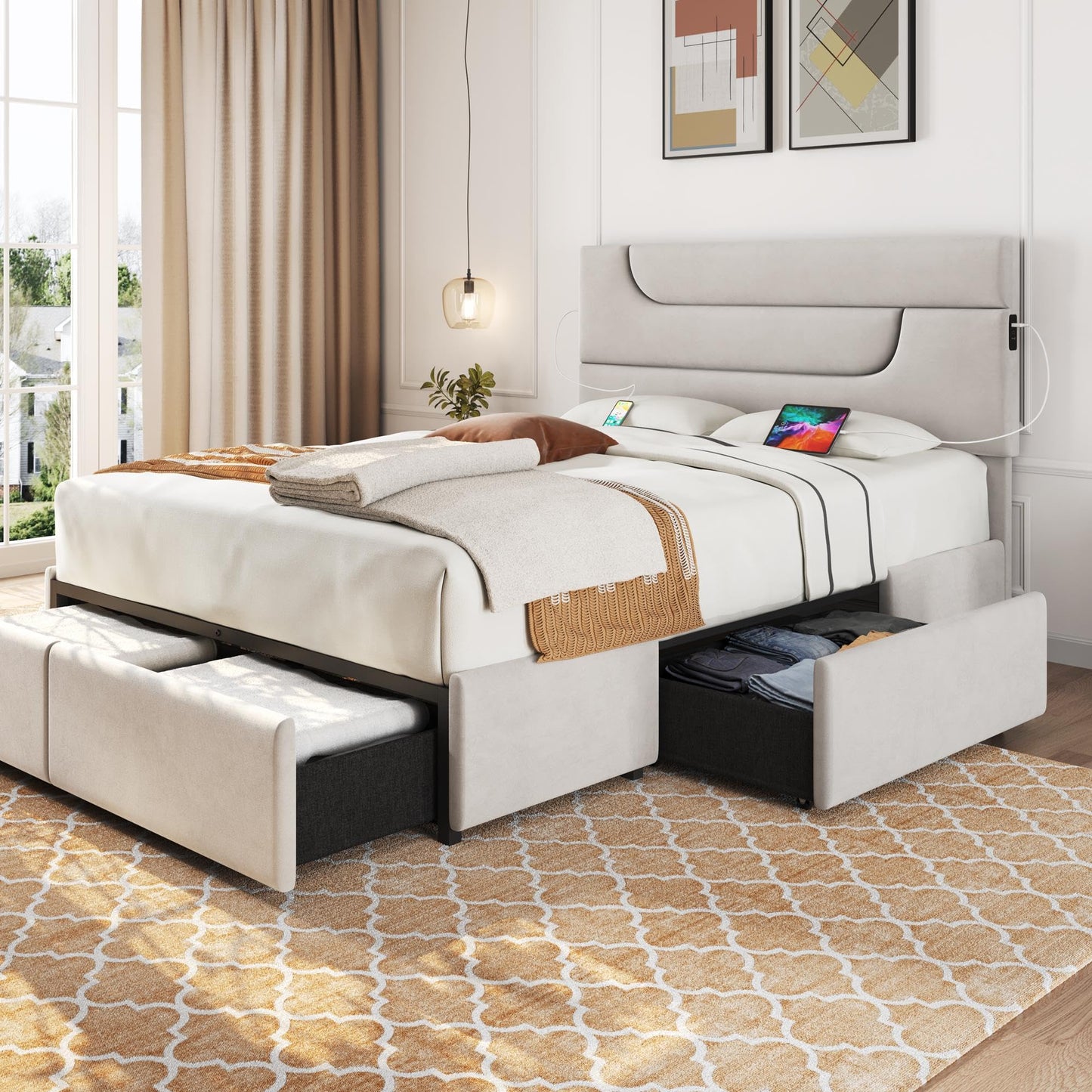 Yaheetech Beige Queen Upholstered Bed Frame with USB Charging, 4 Storage Drawers and Wooden Slats - WoodArtSupply