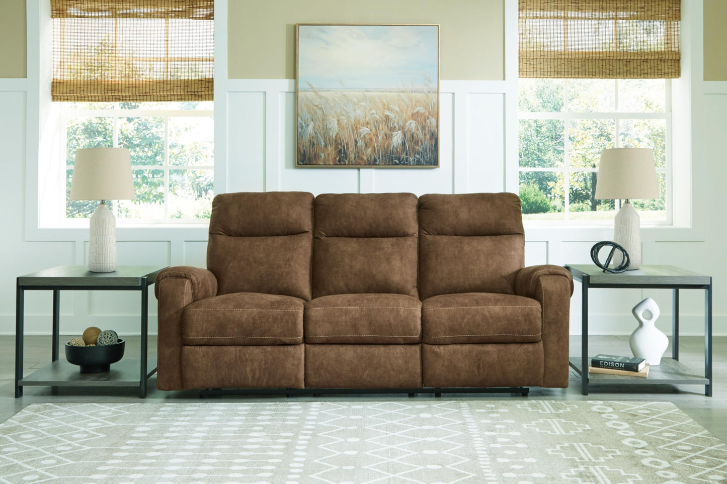 Signature Design by Ashley Edenwold Contemporary Faux Leather Manual Reclining Sofa, Dark Brown