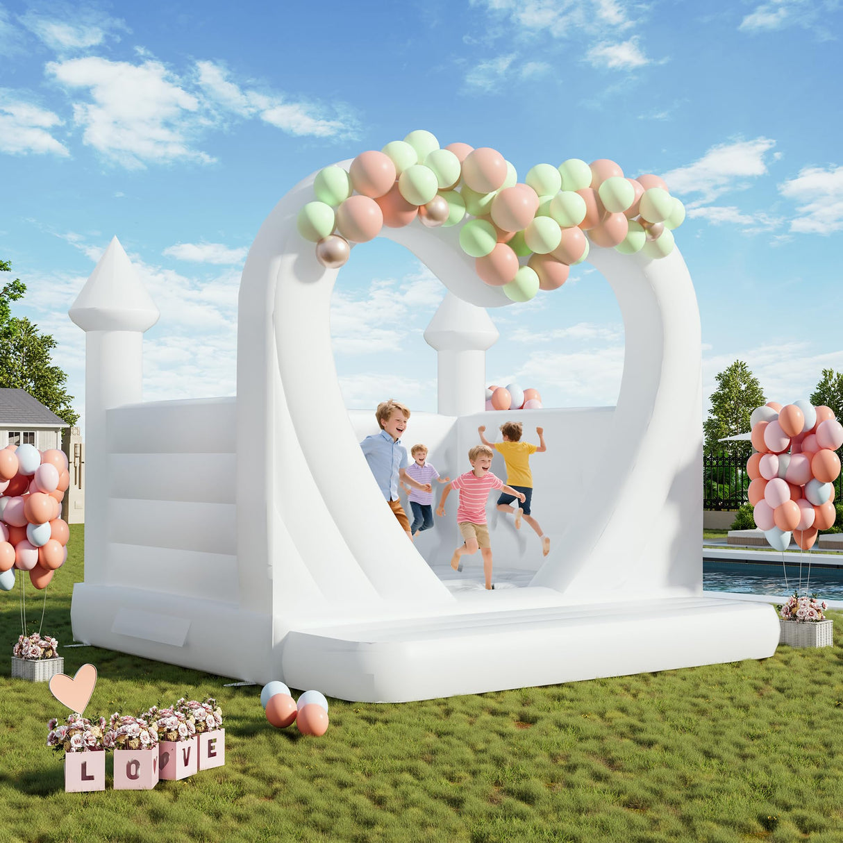 Albott 13.1x13.1x10 FT Commercial PVC Inflatable White Bounce House for Kids, Large White Castle Bounce House with 950W Blower & Higher Inflatable Wall for Wedding Birthday Party Albott