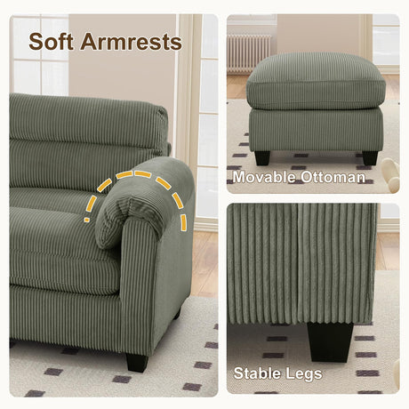 HAOMARKETS 115” Modular Sectional L Shaped Corner Sofa, Corduroy 5-Seater Couches with Thick Cushion for Living Room, Green HAOMARKETS