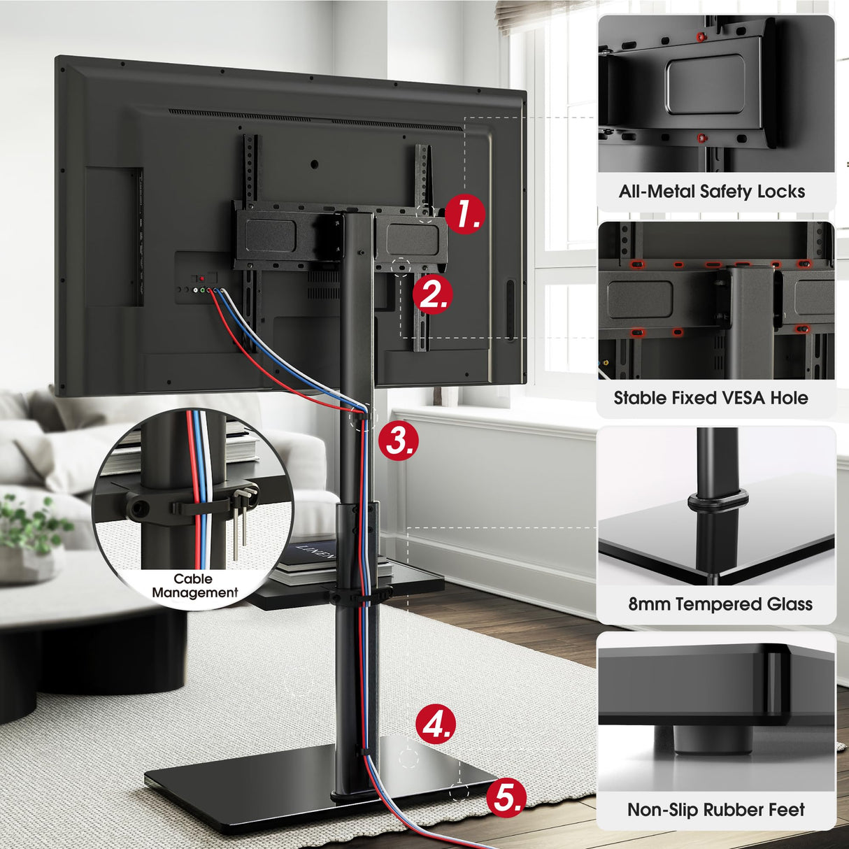 AOKCOS Floor TV Stand with 60-Degree Swivel, TV Floor Stand for 32-65 inch TVs up to 88lbs with Tilt, 8 Level Height Adjustable Tall TV Mount Stand with Shelf, Tempered Glass Base, MAX VESA 400x400mm AOKCOS