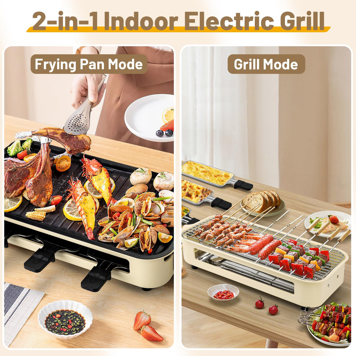 Pukomc Electric Indoor Grill,2 in 1 Indoor Grills for Kitchen with Grill Net & Non-Stick Cooking Removable Plate, Temperature Control, Dishwasher Safe, 1500W Smokeless Grill Pukomc