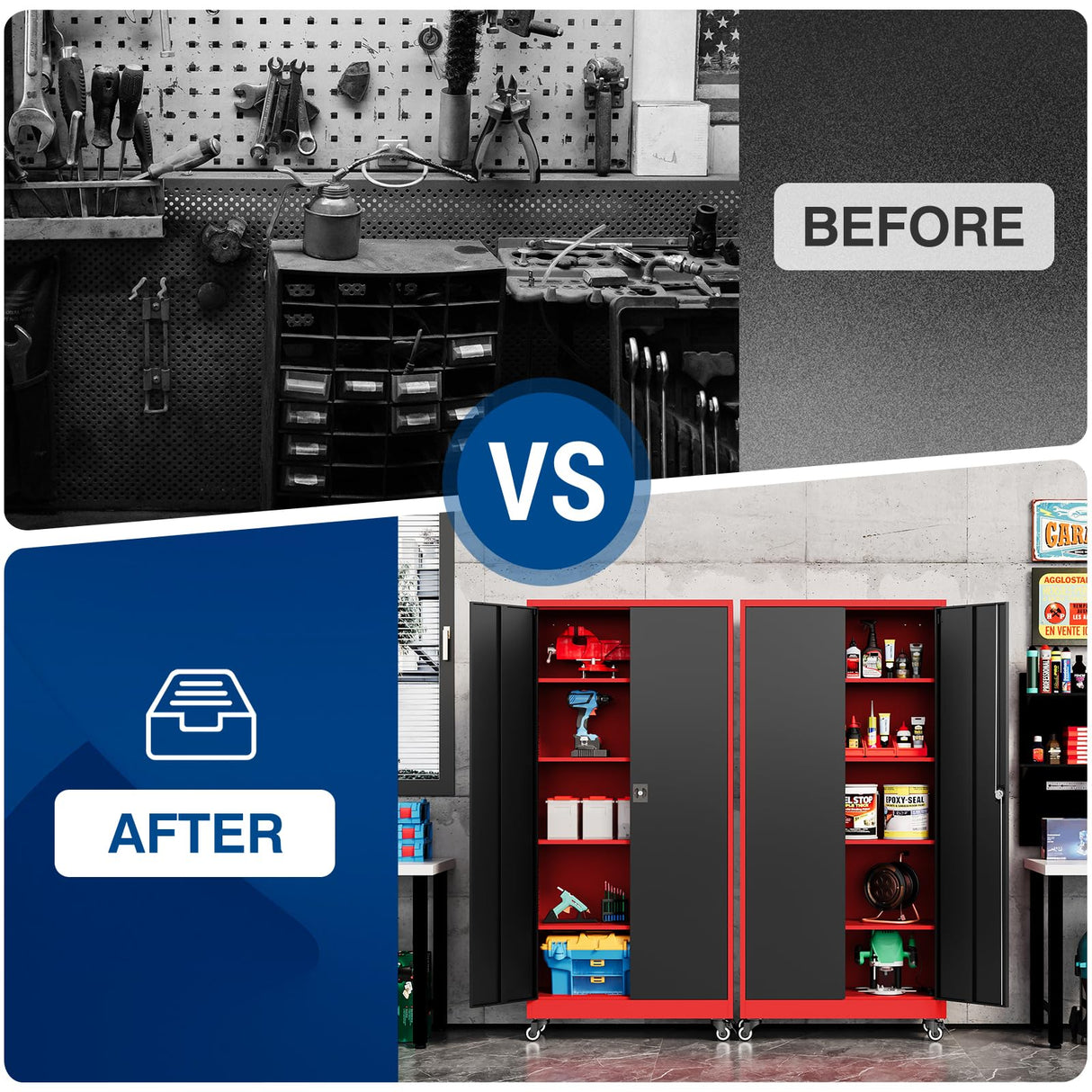 Fesbos Metal Rolling Storage Cabinet-74.6” Tall Steel File Cabinets with Wheels Lockable Doors and Adjustable Shelves-Black & Red Steel Storage Cabinet for Home, School, Office, Garage Fesbos