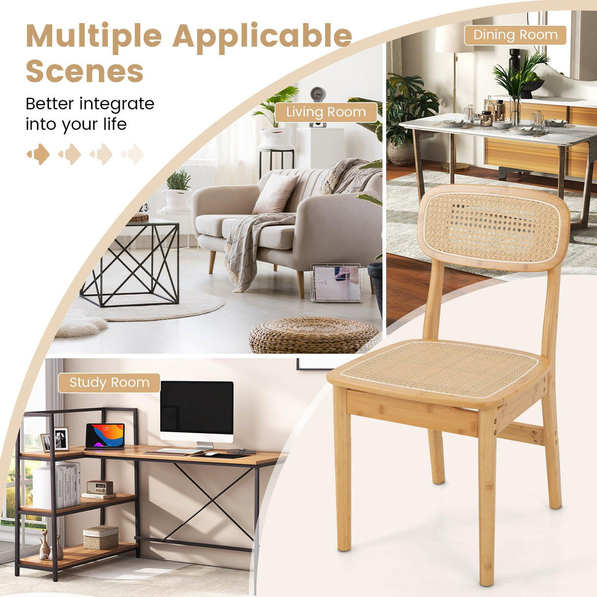 GOFLAME Rattan Dining Chairs Set of 4, Mid-Century Modern Kitchen Chairs with Cane Woven Backrest & Seat, Natural Bamboo Frame, Armless Accent Chairs for Living Room, Dining Room, Bedroom, Study GOFLAME