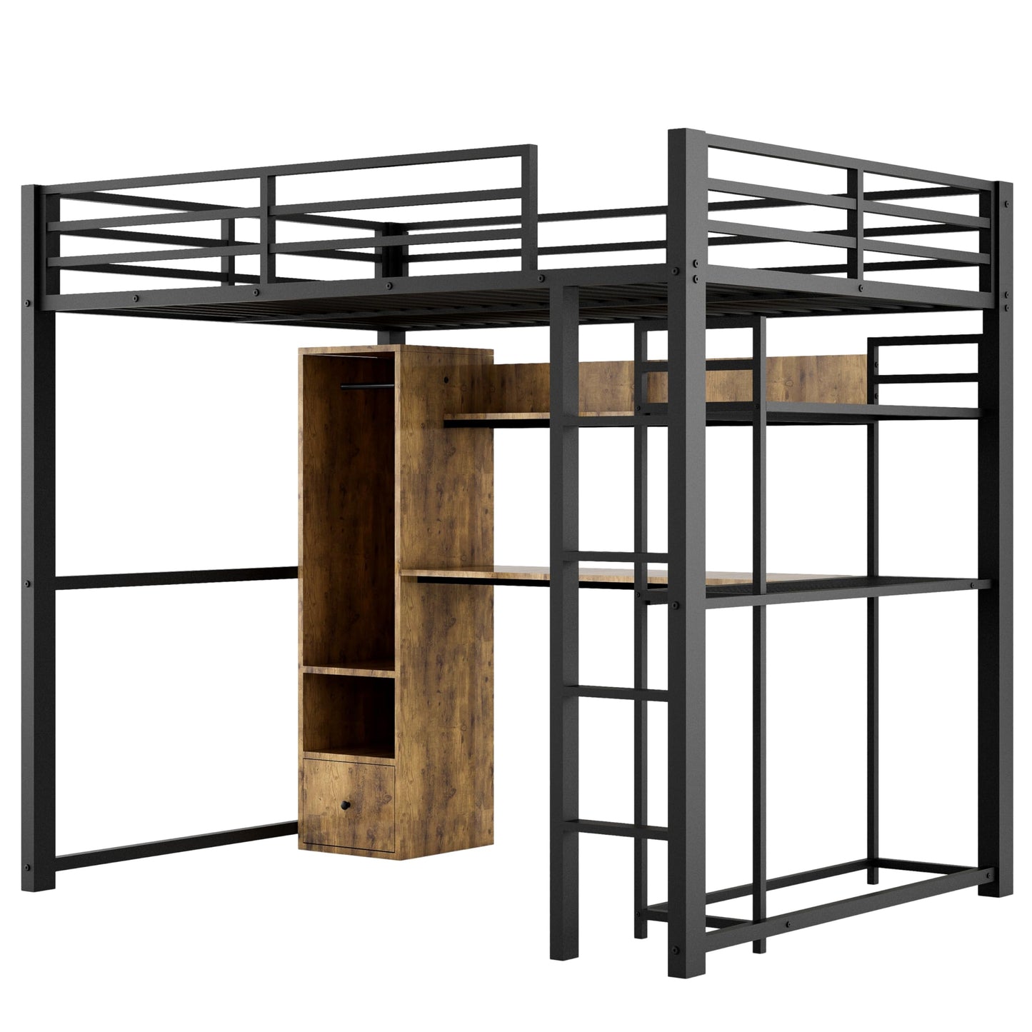 Metal Full Size Loft Bed with Desk,Heavy Duty Loft Bed with Wardrobe and Storage Shelves,Loft Bed Full Size with Drawers, Black Loft Bed for Kids,Teens,Adults