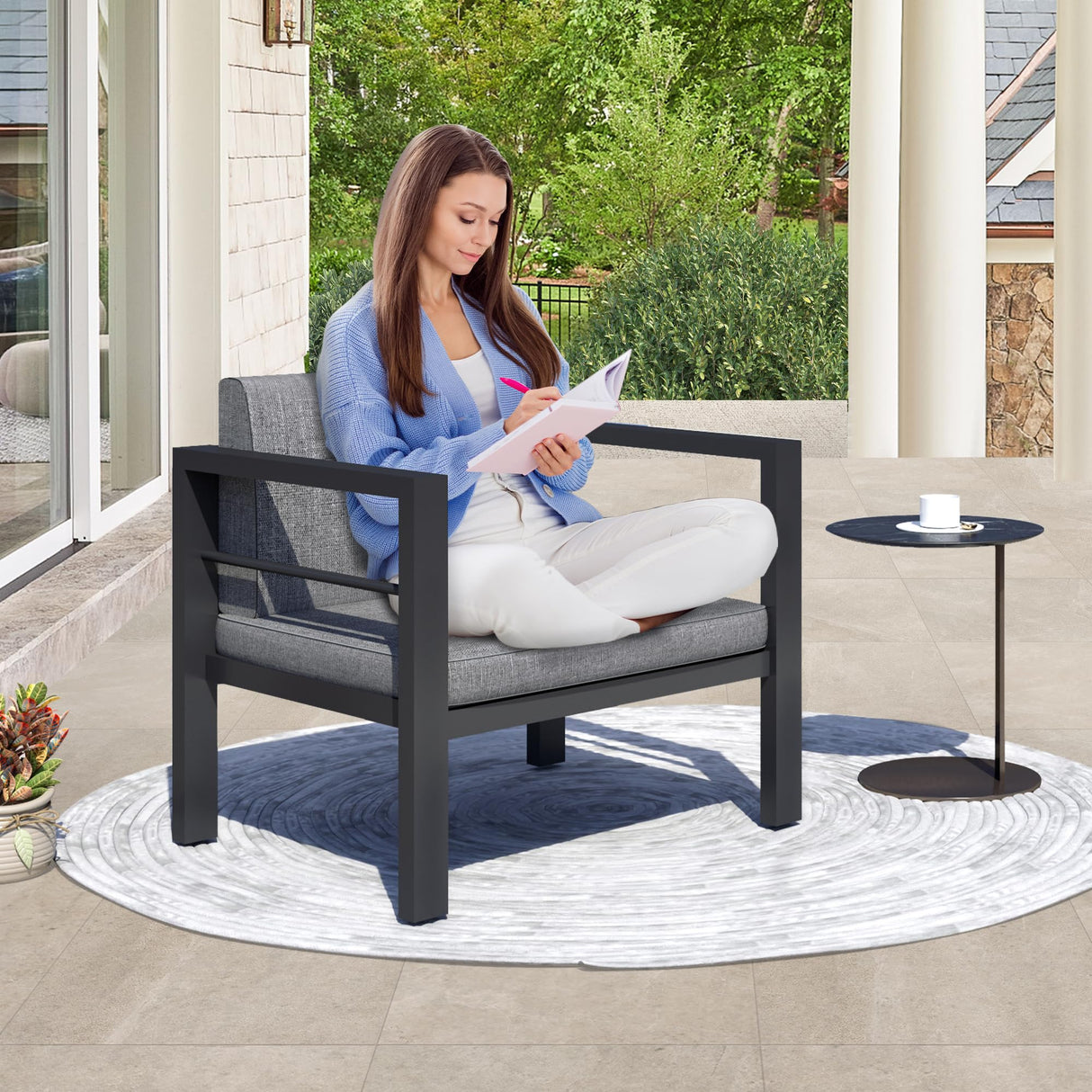 GARTOO Outdoor Aluminum Armchairs Set of 2 - Patio Furniture Single Chairs with Waterproof Cushions, Modern Outside Weather Resistant Sofa Seat for Balcony, Garden, Poolside GARTOO