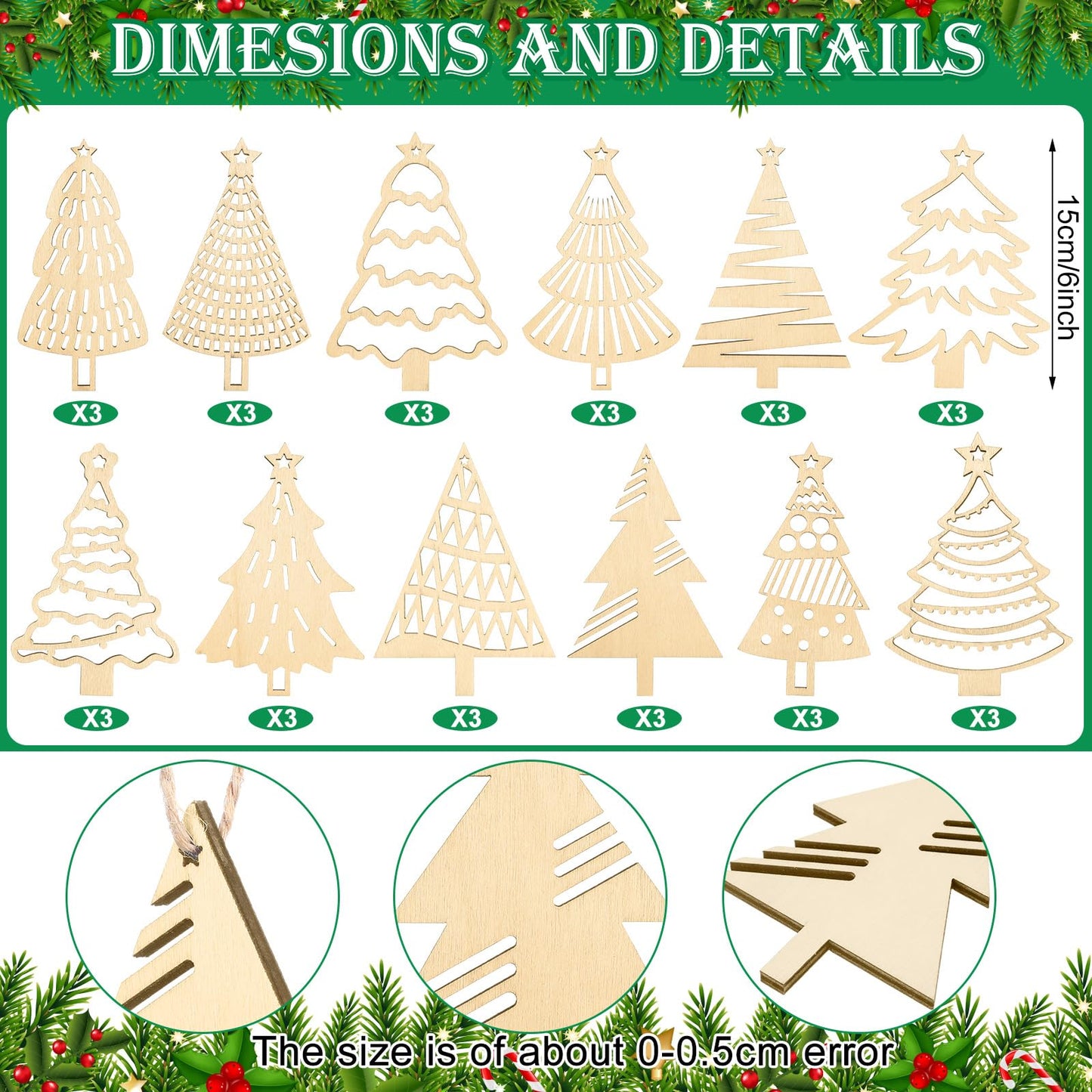 Gerrii 36 Pcs Wood Unfinished Christmas Tree Crafts Wooden Christmas Tree Cutouts Ornaments DIY Wooden Crafts Tree Shape to Paint for Christmas Hanging Decorations Home Winter Tree Decor