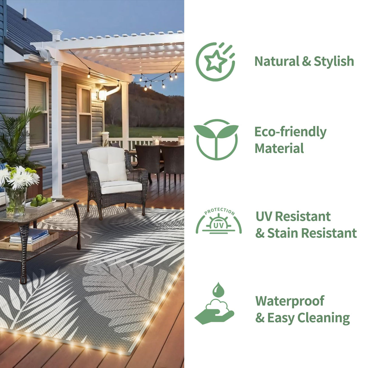 GENIMO Outdoor Rug 6' x 9' Waterproof for Patios Clearance, Reversible Outdoor Plastic Straw Camping Rug Carpet with LED String Light, Area Rugs Mats for RV, Camper, Deck, Balcony, Porch, Grey&White GENIMO