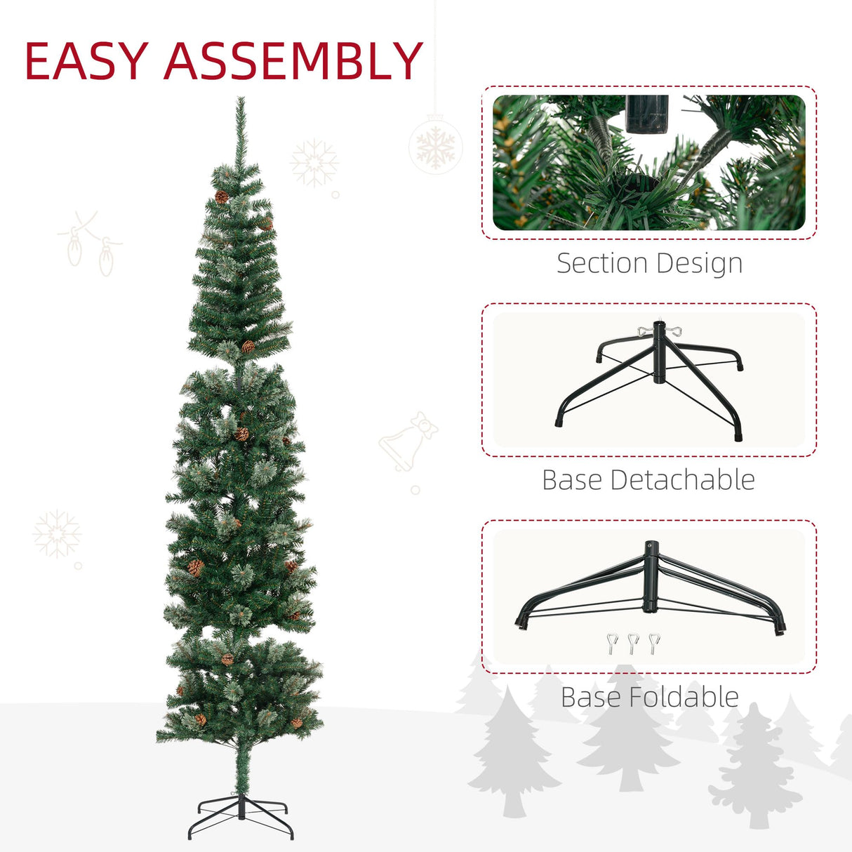 HOMCOM 9.5 Foot Pencil Artificial Christmas Tree, Slim Pine Needles Xmas Tree with Realistic Branches, Pine Cones, Metal Base, Green HOMCOM