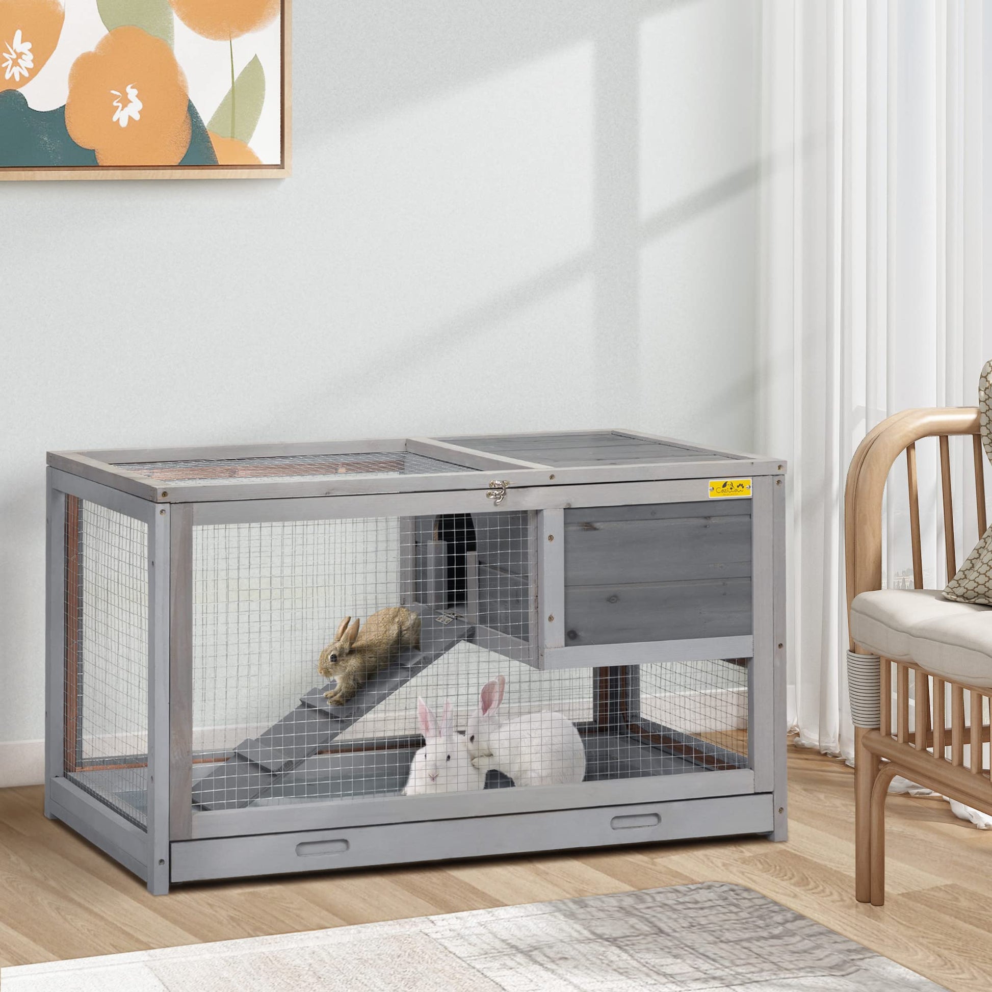 COZIVVOVV 2 Story Wooden Rabbit Hutch Indoor&Outdoor Bunny Cage with Pull Out Tray, Openable Roof, Side Door and Anti-Slip Ramp, Small Animal House(Grey) - WoodArtSupply