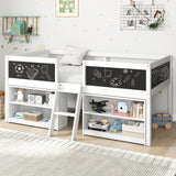 Giantex Low Loft Bed Twin Size, Wooden Loft Bed with Ladder & Blackboard, Twin Bed Frames for Kids with Storage 2 Bookcases and Under-Bed Play Space, Kids Twin Bed (White) Giantex