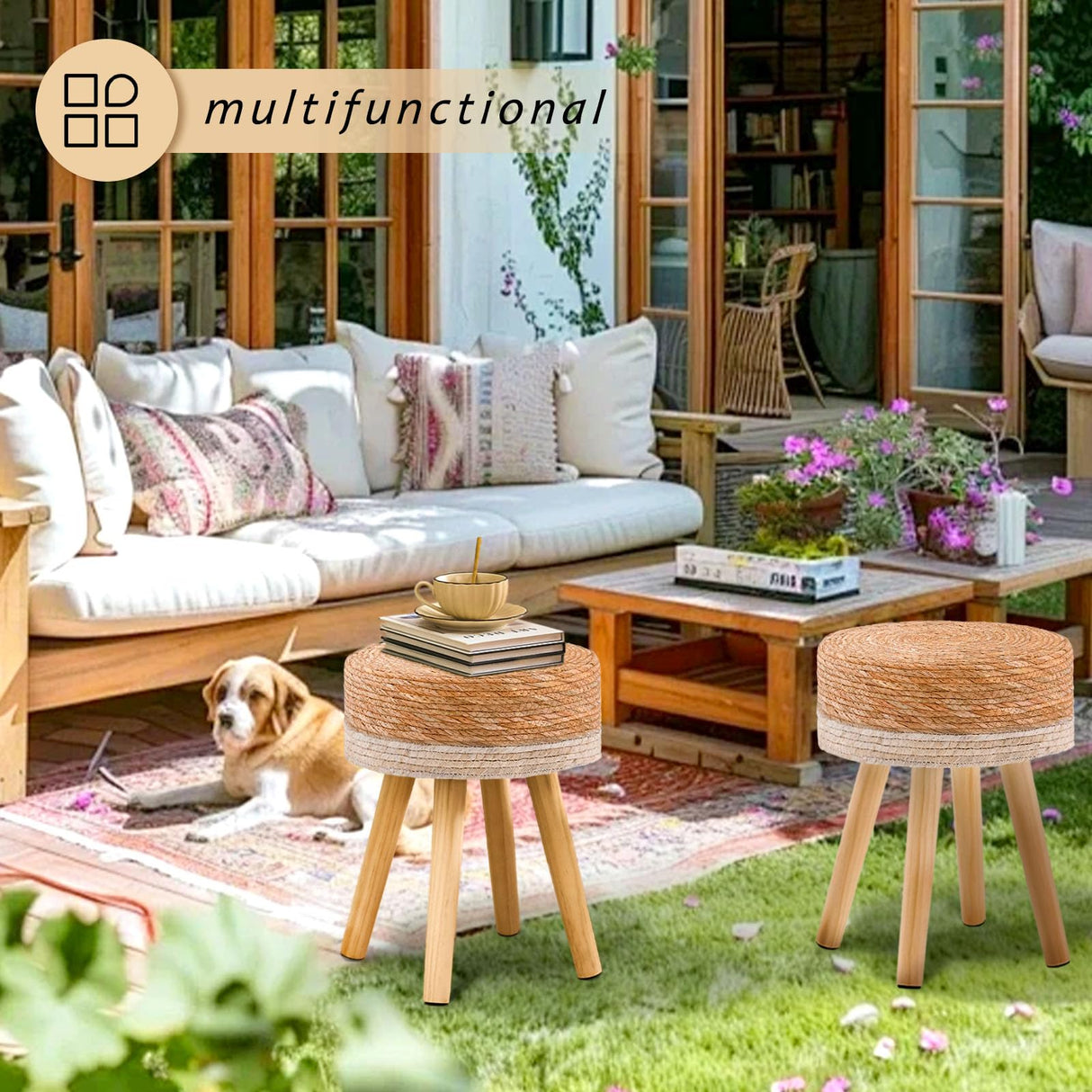 LGENHOOM Handwoven Outdoor Ottoman, Water Hyacinth Pouf Round Patio Footstool with Wood Legs, 17-Inch Multipurpose Vanity Stool, Dining Chair, Patio Footrest for Balcony and Garden, White LGENHOOM