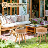 LGENHOOM Handwoven Outdoor Ottoman, Water Hyacinth Pouf Round Patio Footstool with Wood Legs, 17-Inch Multipurpose Vanity Stool, Dining Chair, Patio Footrest for Balcony and Garden, White LGENHOOM