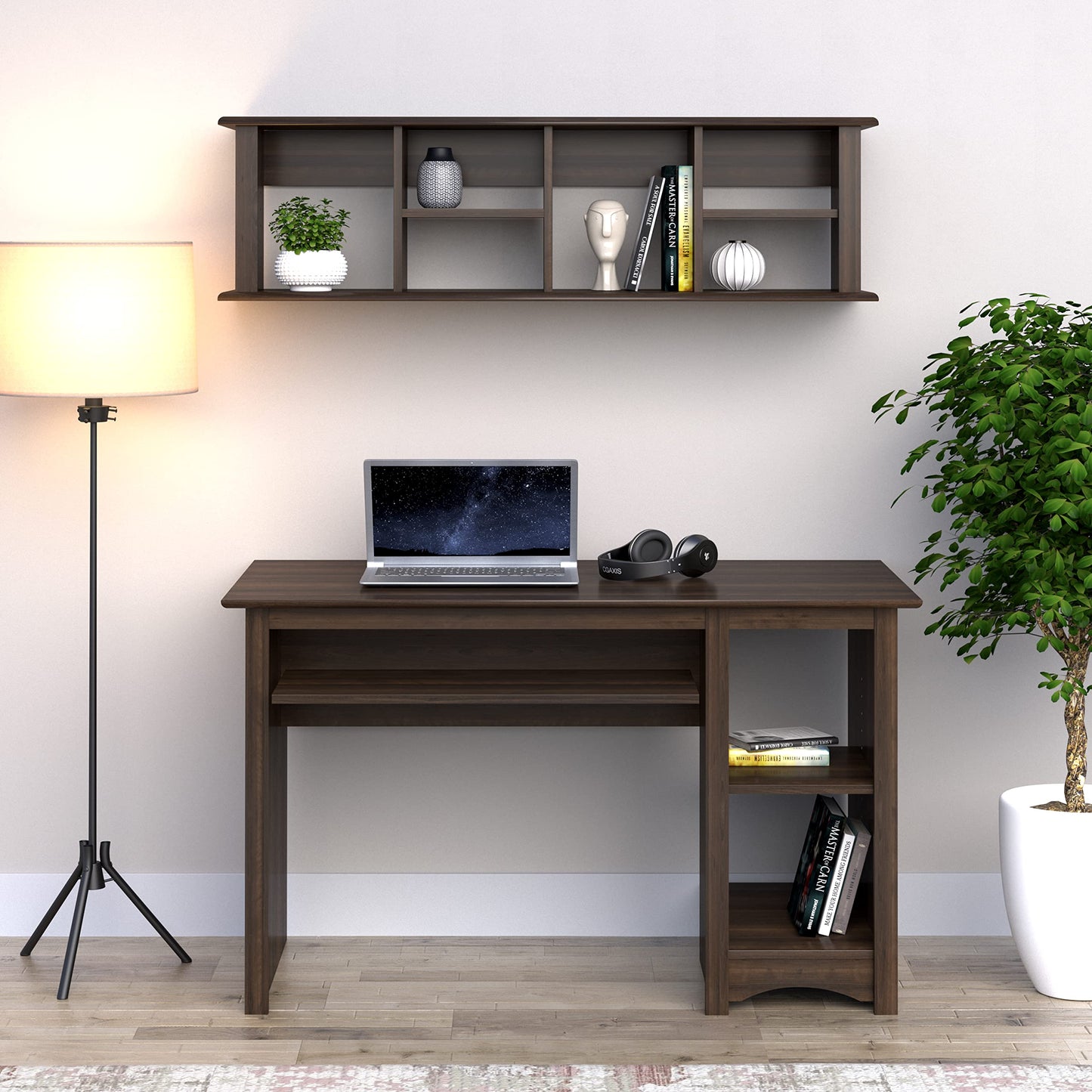 Espresso Wall Mounted Desk Hutch with Adjustable Shelves - WoodArtSupply