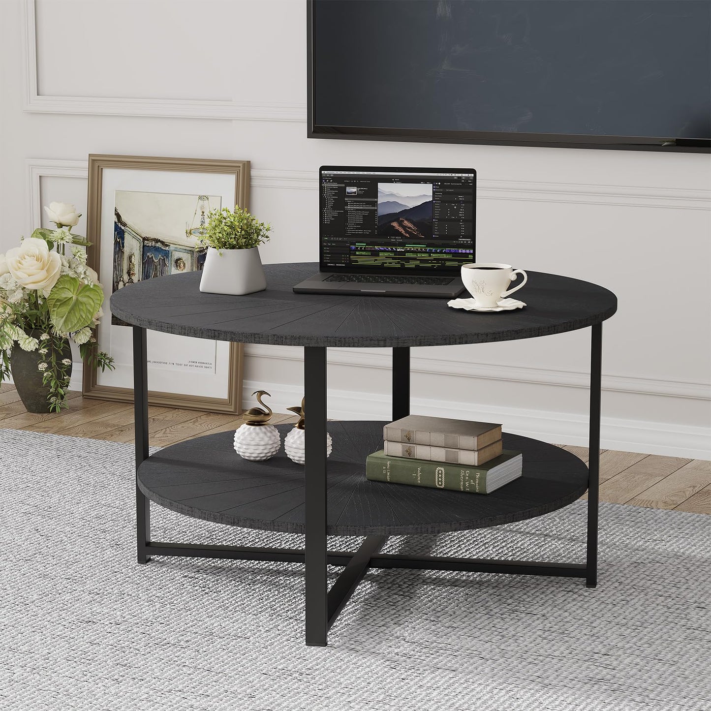 31.5" Coffee Tables for Living Room Small Coffee Table with Open Storage Shelf, 2-Tier Modern Circle Wood Center Table, Black