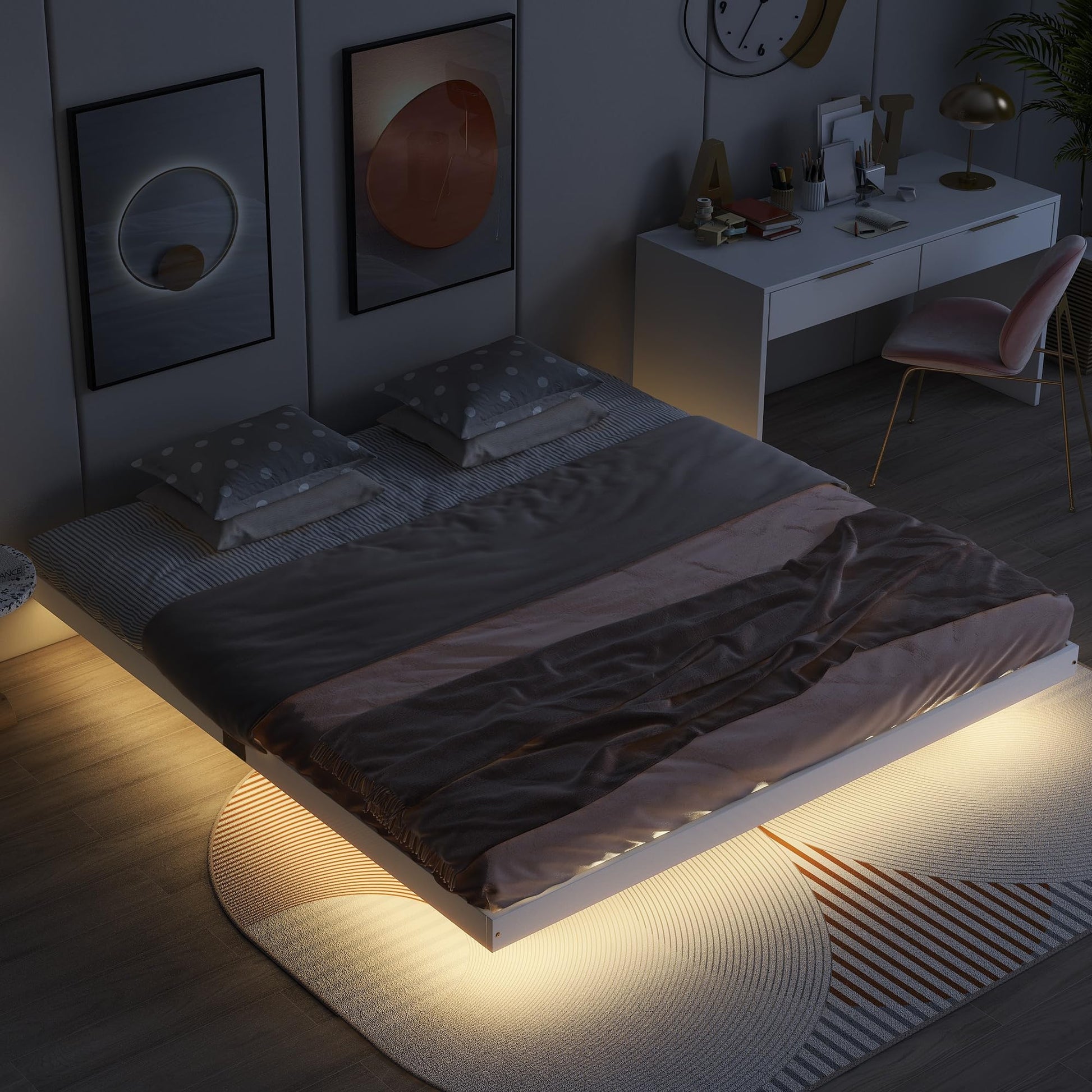 King Size Modern Floating Bed with LED Lights and Slats Support in White - WoodArtSupply