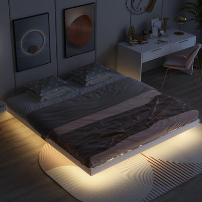 King Size Modern Floating Bed with LED Lights and Slats Support in White - WoodArtSupply