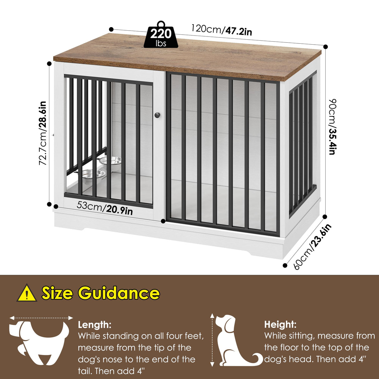 Dog Crate Furniture 47" Large Dog Kennel for Dogs Indoor, Heavy Duty Dog Cage with Sliding Door and 2 SUS Bowls Wooden End Table in Living Room for Small Medium Large Dogs, White TTVIEW