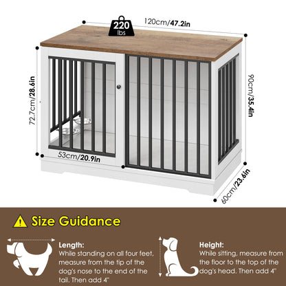 Dog Crate Furniture 47" Large Dog Kennel for Dogs Indoor, Heavy Duty Dog Cage with Sliding Door and 2 SUS Bowls Wooden End Table in Living Room for Small Medium Large Dogs, White - WoodArtSupply