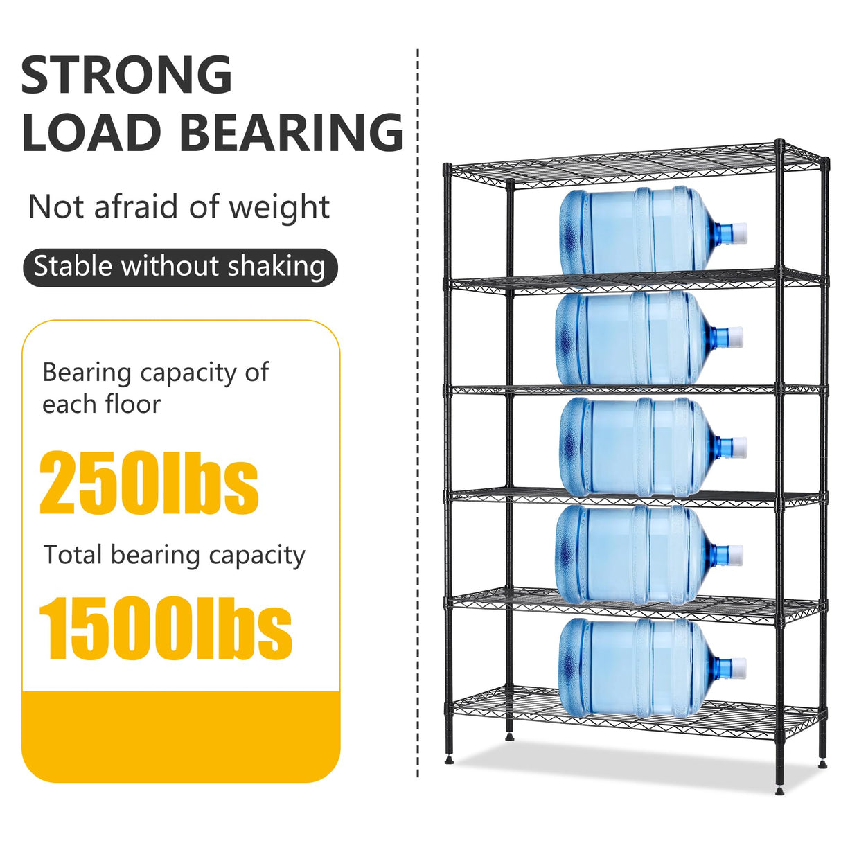 BestOffice | 6-Tier Wire Storage Shelves | 42x16x72 | Black | with Adjustable Racks | Heavy-Duty Metal Shelf, Holds Upto 1500 lbs | No-Tool Assembly | Ideal for Home & Garage Shelving BestOffice