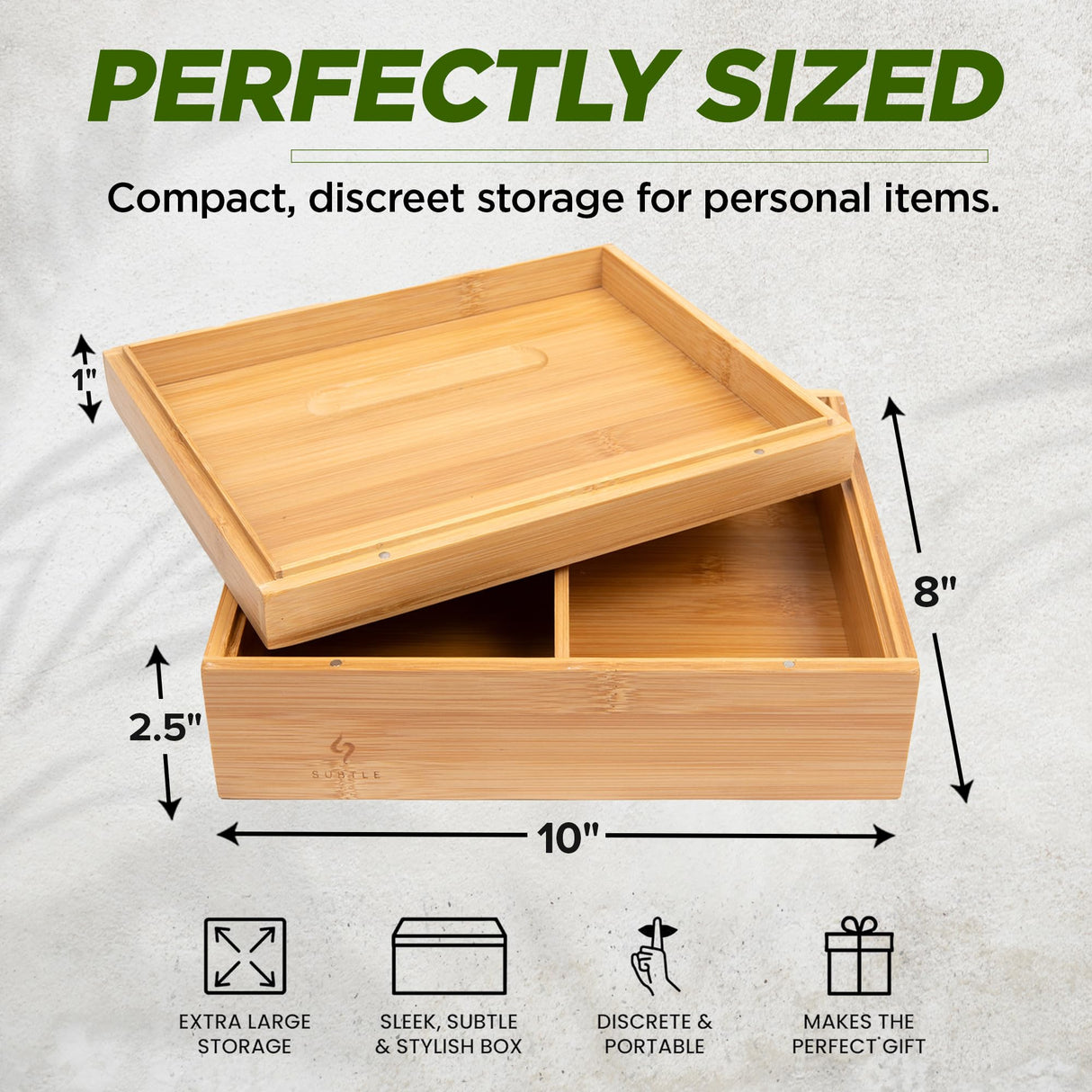 Large Bamboo Stash Box w/Ample Storage Space to Organize Herb Accessories - Comes with Convertible Rolling Tray Lid - (10" x 8" x 3.5") Subtle