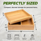 Large Bamboo Stash Box w/Ample Storage Space to Organize Herb Accessories - Comes with Convertible Rolling Tray Lid - (10" x 8" x 3.5") Subtle