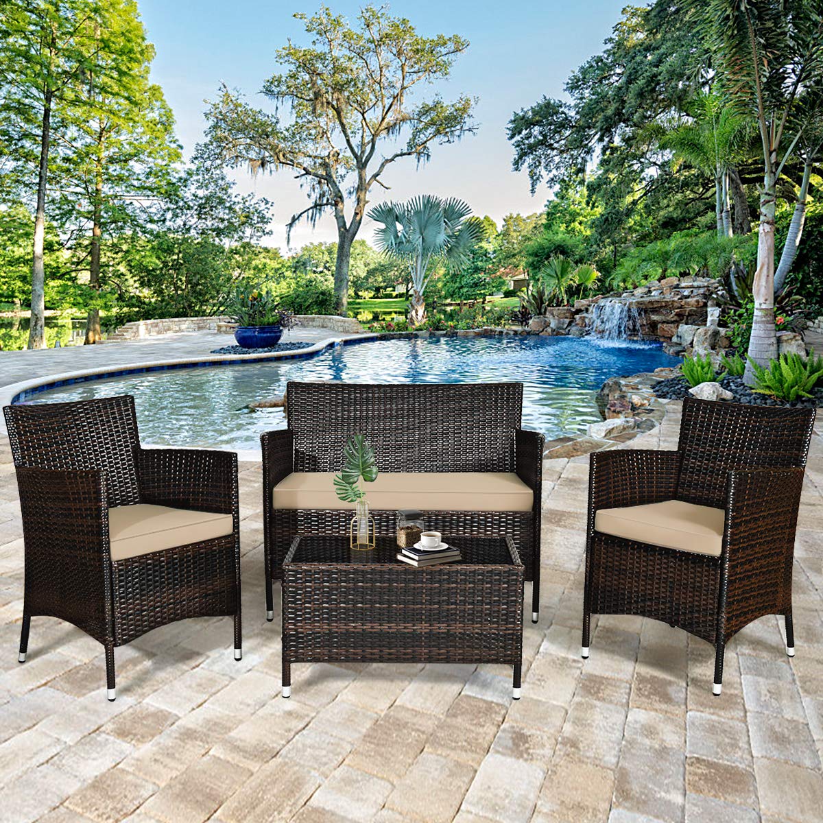 Goplus 4-Piece Rattan Patio Set, Outdoor/Indoor Wicker Conversation Set for Pool, Backyard, Lawn, Wicker Chairs and Sofa with Soft Cushion, Rattan Furniture with Tempered Glass Coffee Table Goplus