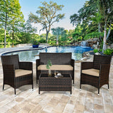 Goplus 4-Piece Rattan Patio Set, Outdoor/Indoor Wicker Conversation Set for Pool, Backyard, Lawn, Wicker Chairs and Sofa with Soft Cushion, Rattan Furniture with Tempered Glass Coffee Table Goplus