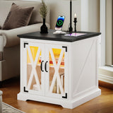 DWVO Farmhouse End Table, Sofa Side Coffee Table with Charging Station and LED Lights, Nightstand with Adjustable Storage Shelf, Bedside Table for Living Room, Bedroom, White DWVO