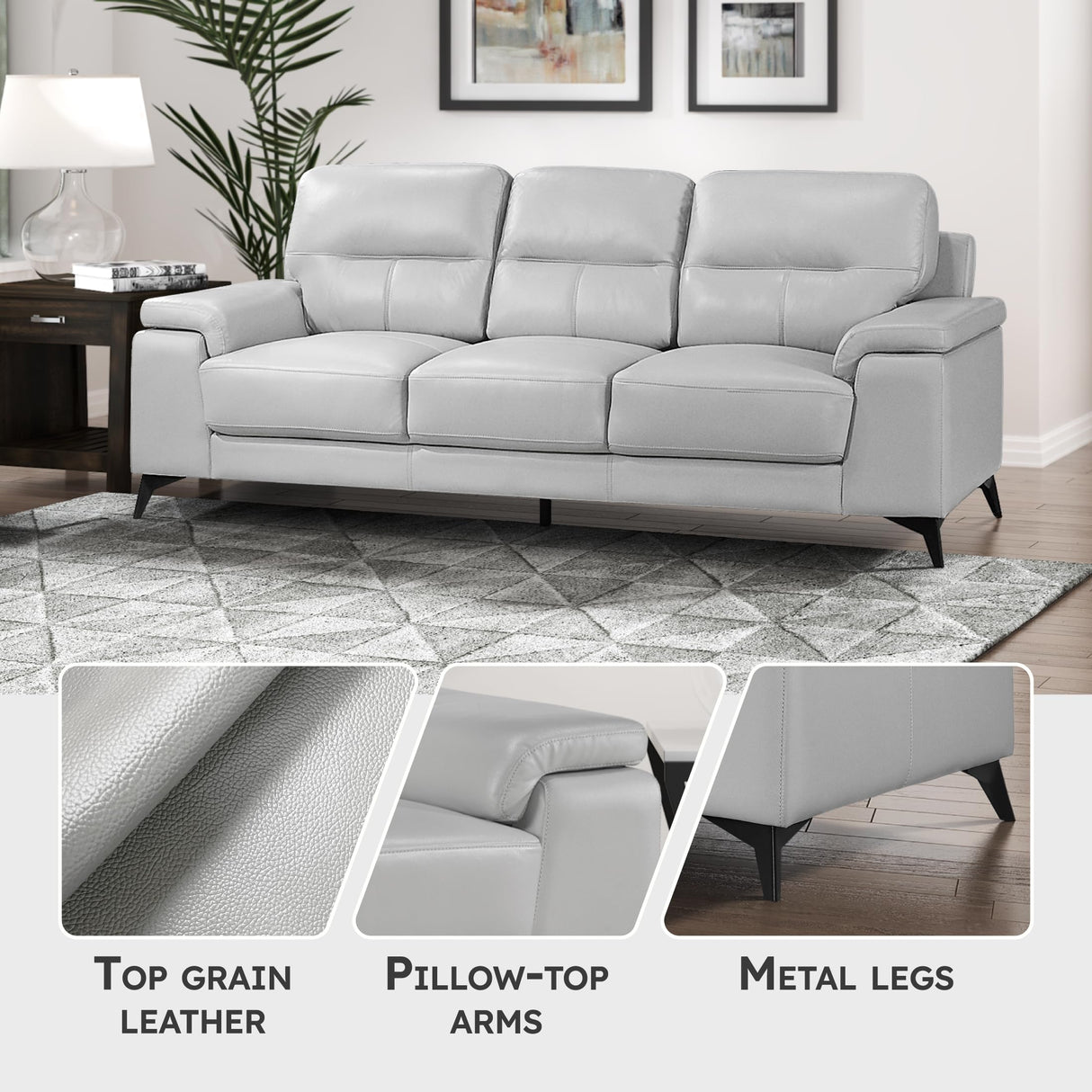 Lexicon Leather Couch, Modern Couch Sofa, Top Grain Leather Sofa, Oversized Sofa for Living Room, Bedroom, Office, Apartment, 3-Seater Couches, Silver Gray Lexicon