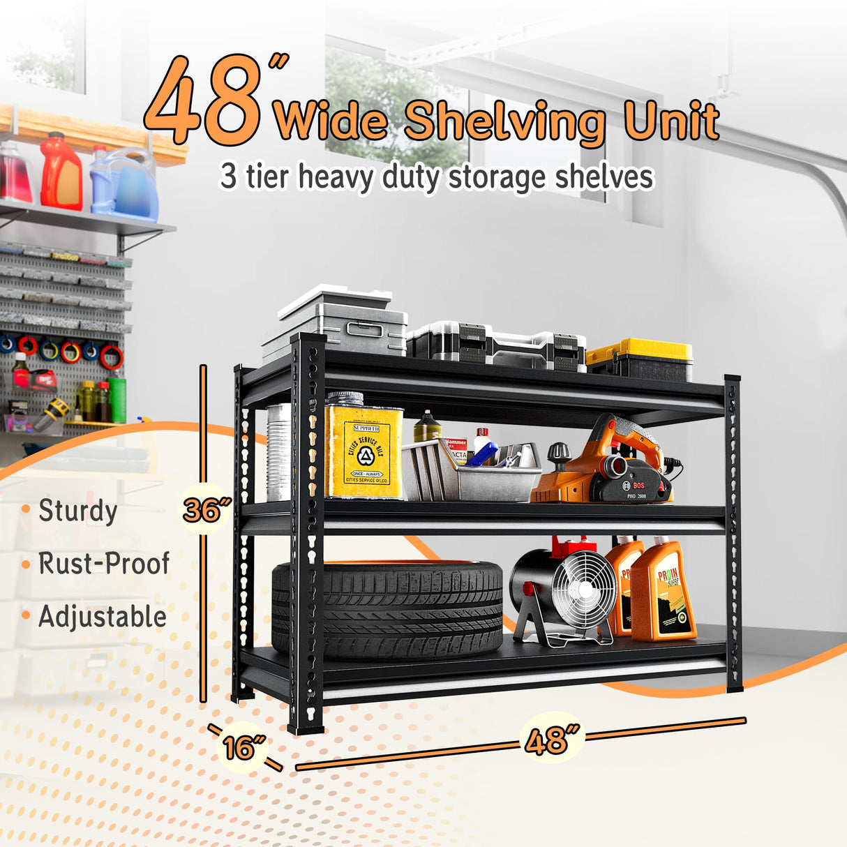 SUPPNEED Adjustable Shelving Units and Storage, 48”W Garage Shelving Heavy Duty,1500LBS Loads 3-Tier Garage Storage Shelves, Metal Shelves for Living Room,Pantry,48”W×16”D×36”W,Black SUPPNEED