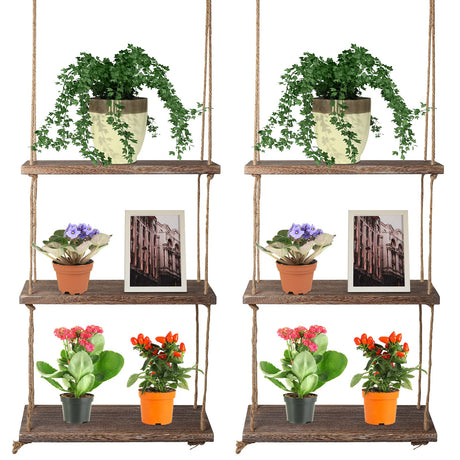 Nuanchu 2 Pieces Decorative Wall Hanging Shelves Window Shelf for Plants 3 Tier Distressed Rustic Home Decor Wood Rope Shelf Floating Indoor Wall Swing Hanging Plant Shelves for Living Room Bathroom Nuanchu