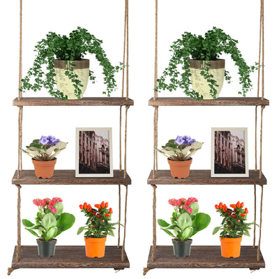 Nuanchu 2 Pieces Decorative Wall Hanging Shelves Window Shelf for Plants 3 Tier Distressed Rustic Home Decor Wood Rope Shelf Floating Indoor Wall Swing Hanging Plant Shelves for Living Room Bathroom