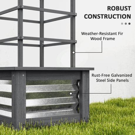Outsunny Raised Garden Bed with Trellis, Wooden Planter Box with Galvanized Steel Sides, Raised Flower Bed for Climbing Plants, Flowers, Fruits and Vegetables, Gray Outsunny