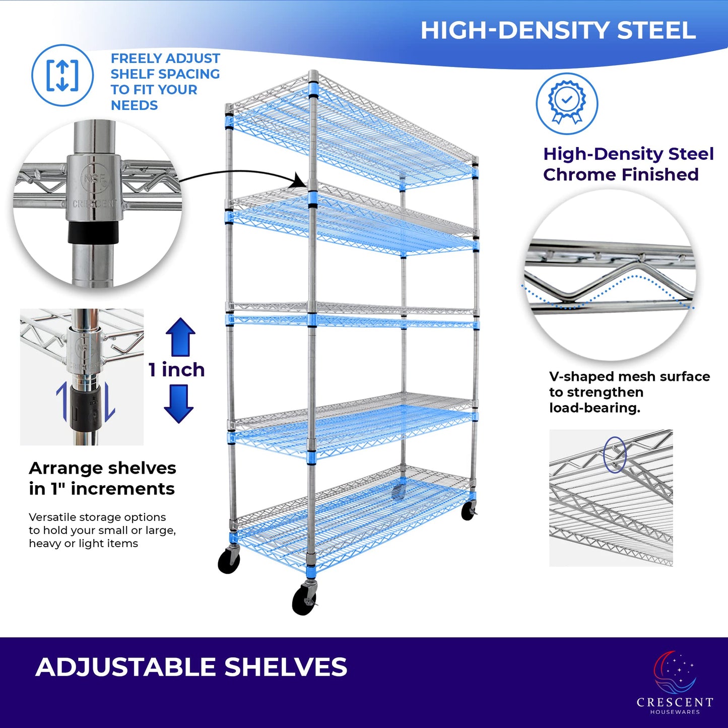 Crescent, Chrome, 36 x 18 x 76, 4000 LBS, Metal Shelves for Storage with Wheels, Ideal for Garage Shelving, 5 Tier Wire Shelving Rack for Kitchen - WoodArtSupply