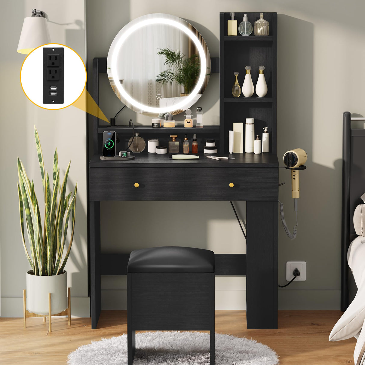DWVO Makeup Vanity Desk with LED Lighted Mirror, Black Vanity Set with Charger Station, Small Spaces Vanity Table for Bedroom, Adjustable 3 Lighting Modes, Makeup Table with Chair for Girl, 31.5in(L) DWVO