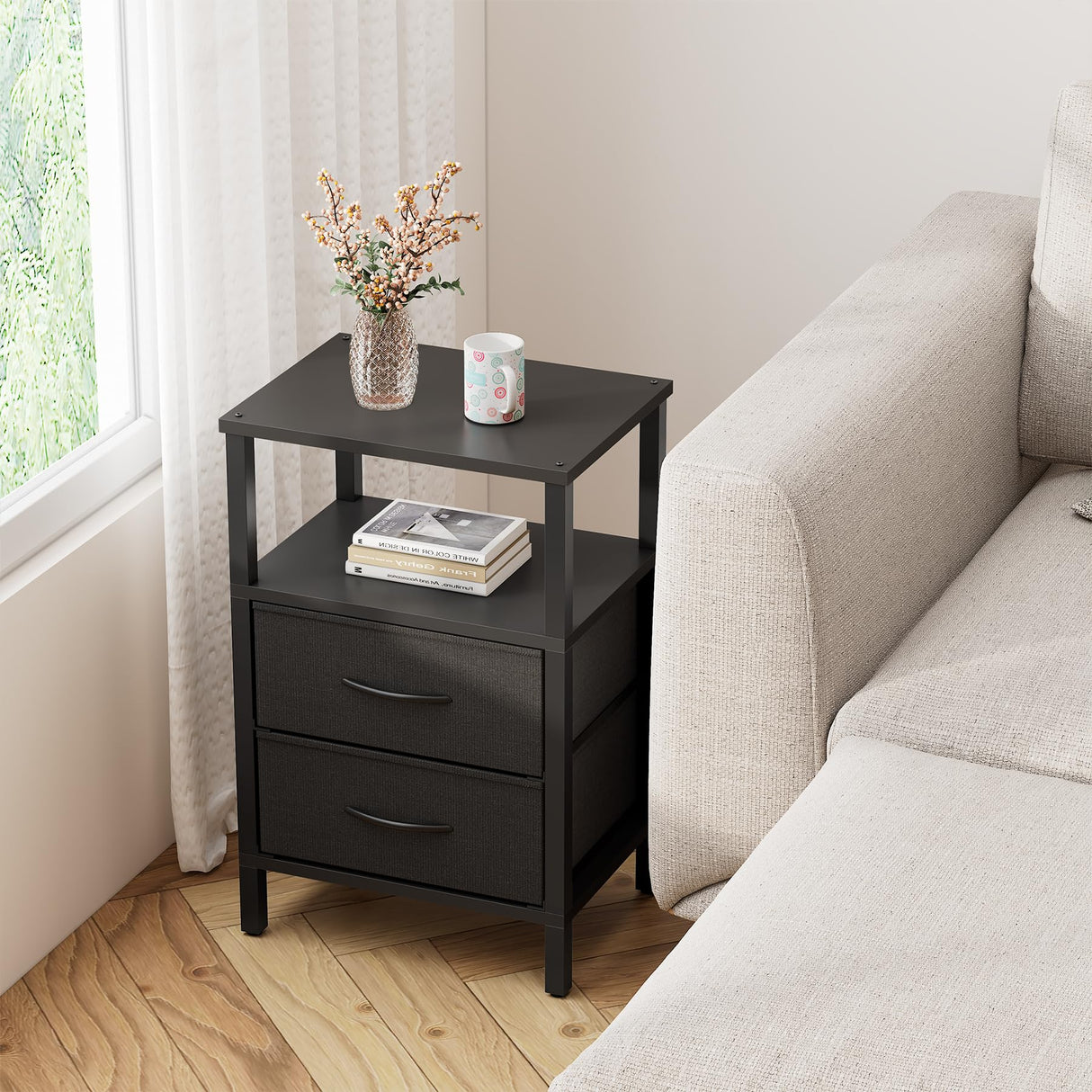 TUTOTAK End Table, Couch Side Table, Nightstand with Cloth Drawer, Set of 2, Bedside Table, Black TB01BK066 TUTOTAK