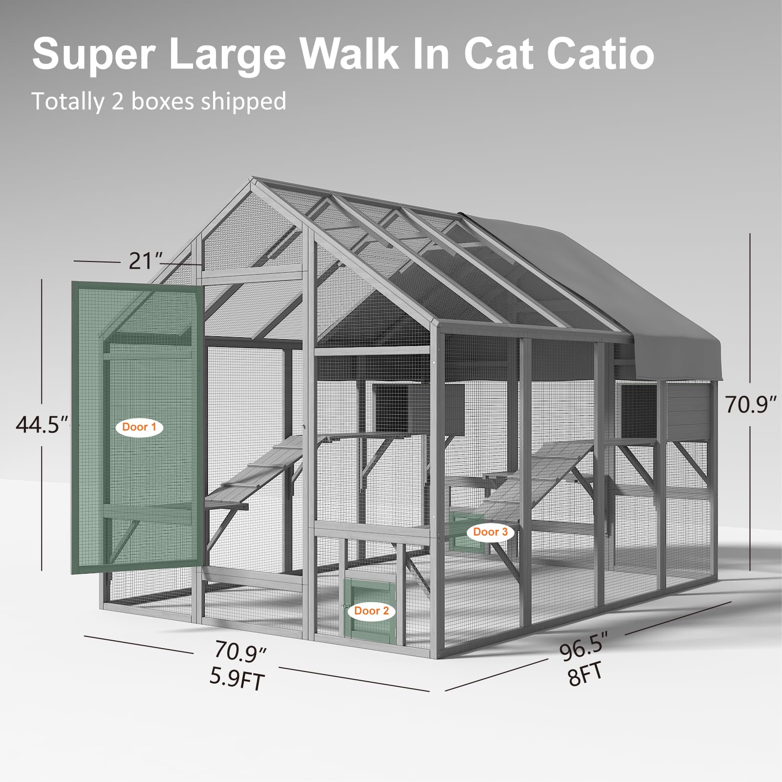 TIMHAKA Catio Outdoor Cat Enclosure, Large Cat Catio for Multiple Cats with 7 Platforms, 2 Resting Box and 2 Bridges, Wooden Cat House Cage with Waterproof and UV Proof Cover, 71 x 71 x 97 in - WoodArtSupply