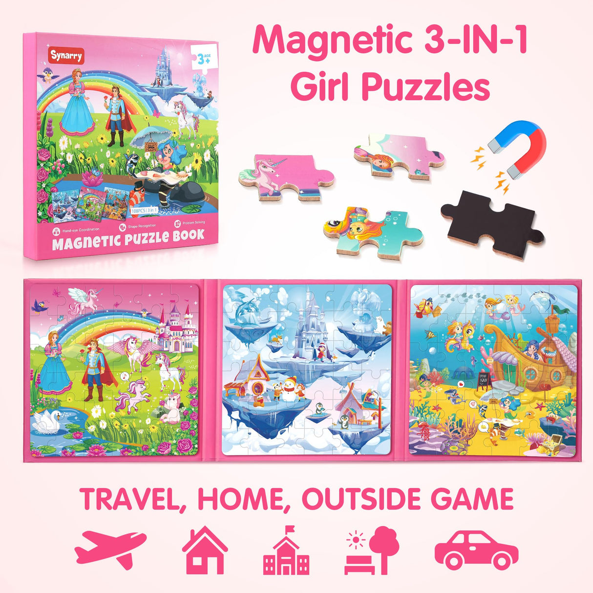 SYNARRY Unicorn Princess Mermaid Magnetic Puzzles for Toddlers 3-5, 36 Pieces Travel Puzzles for Kids Ages 4-8, Airplane Car Road Trip Activities Games Toys for 3 4 5 6 Year Old Girls Birthday Gifts SYNARRY