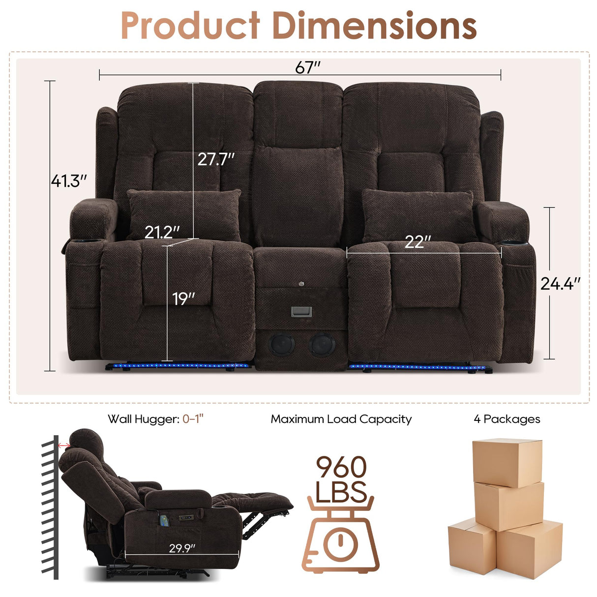 TUNYI Wall Hugger Power Loveseat Recliner - Reclining Loveseat with Console Theater Seating RV Recliner Sofa with USB/Outlet/Speaker/Cup Holder/LED Light/Storage (Beibei VelvetBrown) TUNYI