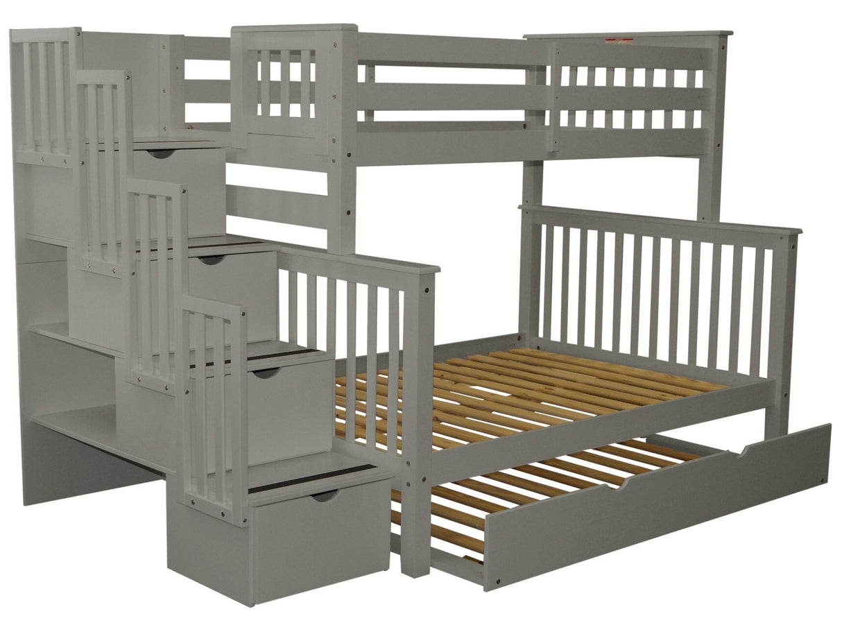 Bedz King Stairway Bunk Beds Twin over Full with 4 Drawers in the Steps and a Twin Trundle, Gray Bedz King