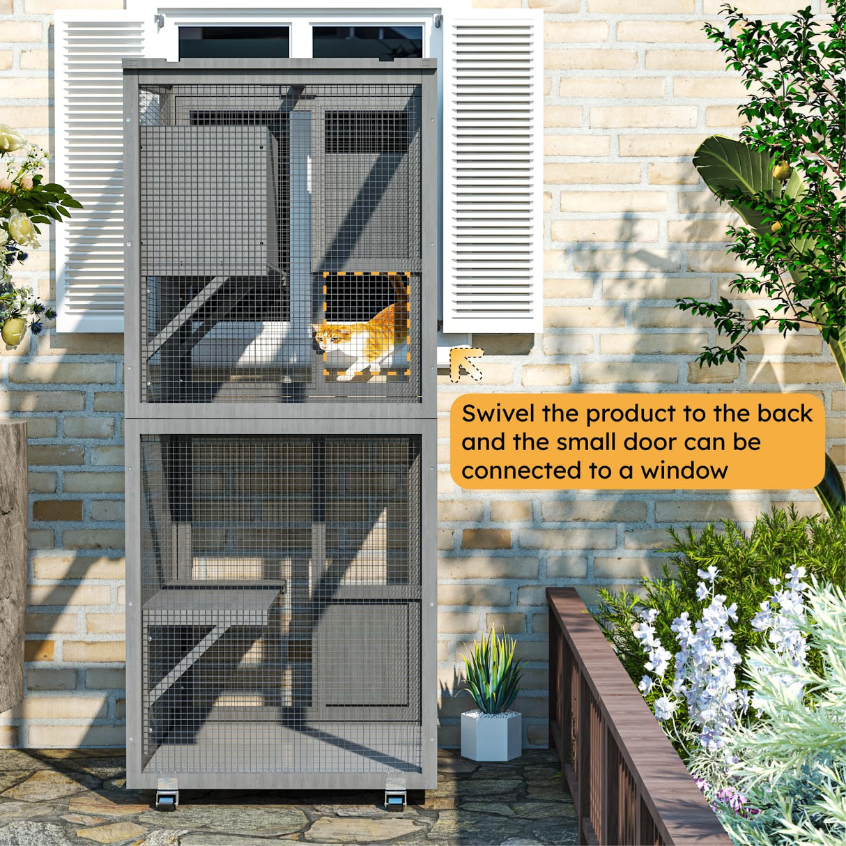TRYKERPET 4 Tiers Catio Outdoor Cat Enclosure, Outdoor Cats House with 4 Wheels, Cat Enclosure Window Access with Removable Floor, Upgraded Resting Box, Waterproof Roof, Wooden Indoor Pet Cage, Grey TRYKERPET