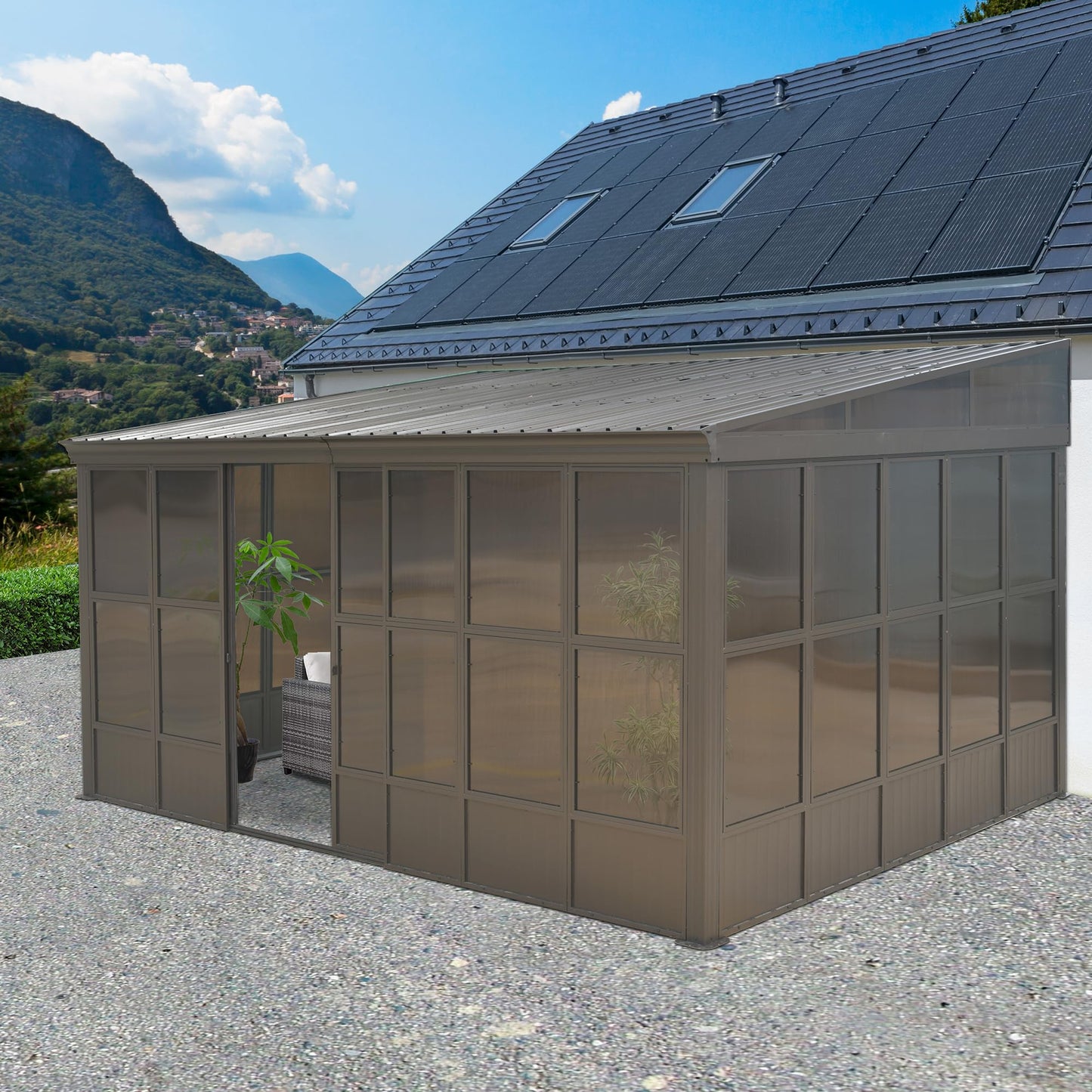 Domi 12x16FT Lean-to Sunroom, Wall Mounted Solarium with Galvanized Steel Sloping Roof, Moveable PVC Screen, Front Door&Side Sliding Door, Outdoor Permanent Gazebo Against Wall Sun Room for P - WoodArtSupply