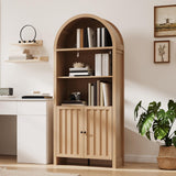 ChooChoo Arched Bookcase with Doors, 3-Tier Farmhouse Bookcase with Adjustable Shelf, Tall Arched Bookshelf for Office, Living Room, Natural ChooChoo