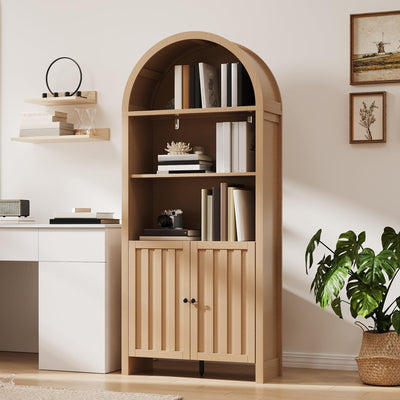 ChooChoo Arched Bookcase with Doors, 3-Tier Farmhouse Bookcase with Adjustable Shelf, Tall Arched Bookshelf for Office, Living Room, Natural