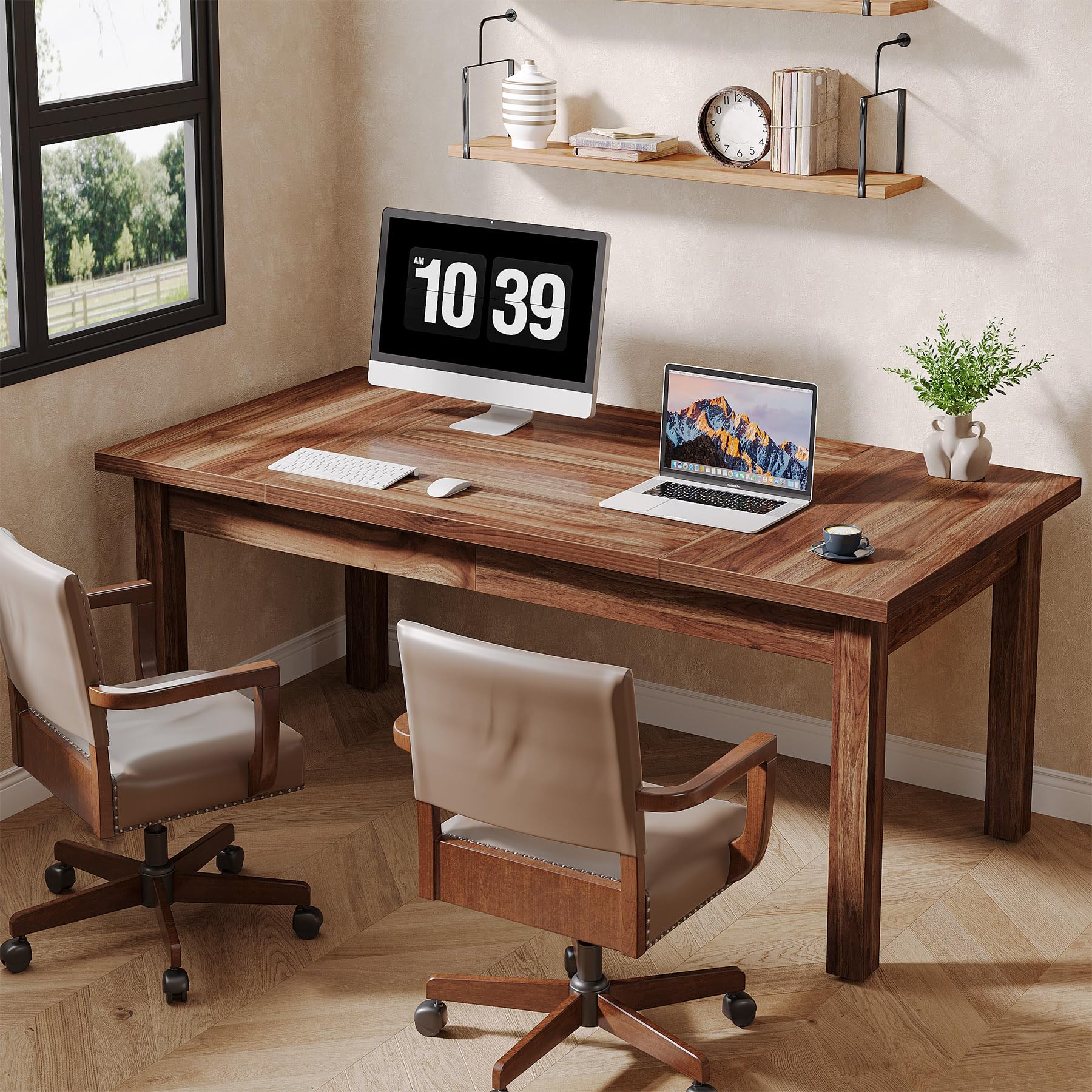 Tribesigns 70 Inch Large Desk, Wood Farmhouse Office Computer Desk Writing Study Desk for 1-2 Person, Executive Desk with Thickened Frame and Board - WoodArtSupply