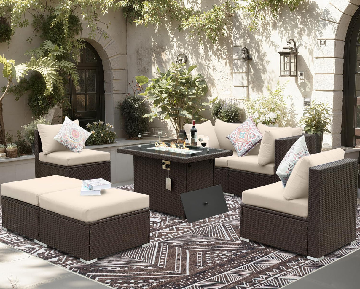 BULEXYARD 7 Piece Highback Patio Furniture Set with Fire Pit Table, Modern Modular Outdoor Sectional Couch Sofa with Ottoman, 6-Person Backyard Seating for Outside, Deck, Brown Wicker & Beige Cushion BULEXYARD