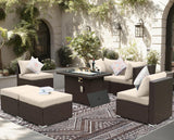 BULEXYARD 7 Piece Highback Patio Furniture Set with Fire Pit Table, Modern Modular Outdoor Sectional Couch Sofa with Ottoman, 6-Person Backyard Seating for Outside, Deck, Brown Wicker & Beige Cushion BULEXYARD