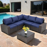 opemtdo Outdoor Patio Furniture Set 6 Pieces Patio Sectional Furniture Conversation Set Wicker Porch Couch Sofa Seat for Backyard Garden Poolside(Brown/Navy Blue) opemtdo